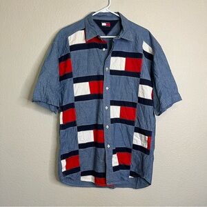 Tommy Hilfiger 90s Blue, Red, White Color block Button Down Short Sleeve Large